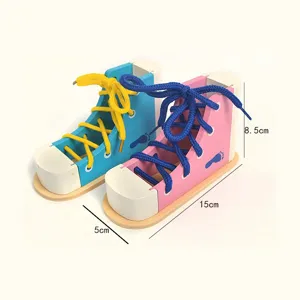 Wooden Montessori lacing shoes toy early education children wooden shoe tying game.