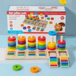 Wooden Rainbow Color Matching Ring Stacking Toy Early Education Montessori Educational Building Blocks Toy For Kids