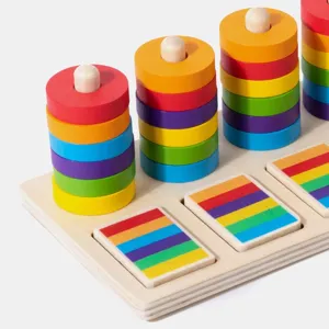 Wooden rainbow stacking rings and color matching sorting board for kids early learning toys.