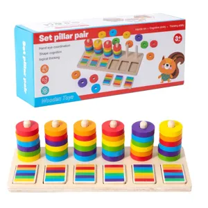 Wooden rainbow ring stacking color sorting Montessori educational toy for kids 3+.