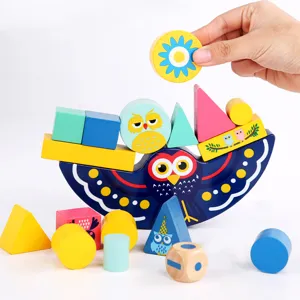 Wooden owl stacking balance blocks for kids, early education Montessori educational toy set.