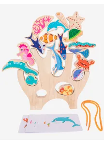Gioco di equilibrio di blocchi di impilamento di animali marini in legno con carte per bambini