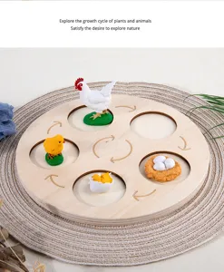Detailed view of wooden animal life cycle cognitive toy, Montessori early education tool for kids.