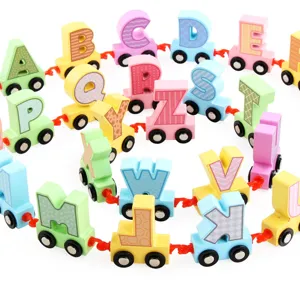 Wooden alphabet train toy for kids, colorful letter blocks with hooks for early education.