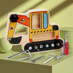 Wooden excavator busy board toy with nuts, bolts and tools for kids fine motor skills early learning.