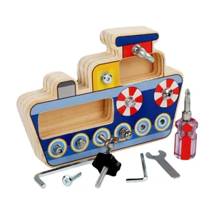Wooden kids screw nut boat assembly toy, educational busy board with tools and screws.