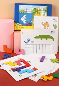 Children wooden puzzle blocks toy educational brain teaser color cognition detail view.