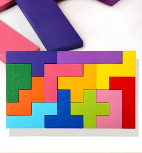 Wooden Tetris puzzle block detail, colorful geometric stacking toy parts for kids cognitive play.