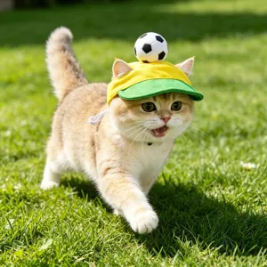 Adorabile gatto che indossa un cappello da sole colorato per animali domestici.