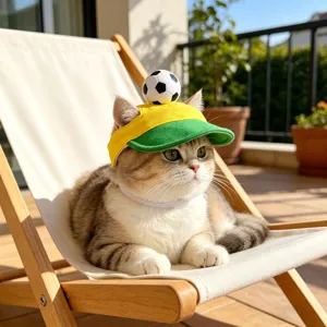 Vista dettagliata del cappellino da sole bicolore per animali con pallina decorativa.