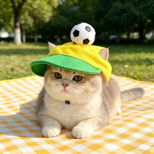 Dettaglio cappello sole animale domestico, design giallo verde con pallina per gatti cani.