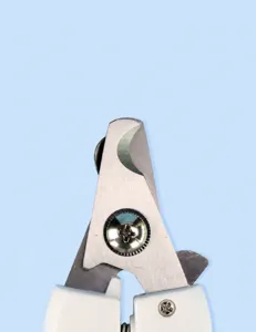 Stainless steel pet nail clipper with sharp crescent blade for cat and dog grooming care.