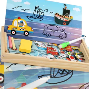 Houten magnetische tekenbord puzzel speelgoedset voor kinderen met kleurrijke stukjes.