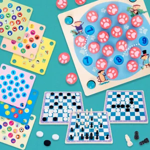 Wooden Multifunctional 4 in 1 Memory Chess Board Game Kids Educational Montessori Toy Family Interactive Tabletop Toy