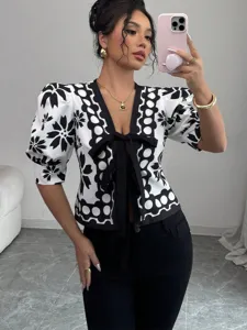 French Vintage Black And White Printed Blouse For Women Summer Puff Lantern Sleeve Tie Front Cardigan Top V-neck Casual Shirt