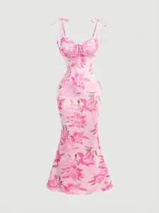 Elegant Polyester Spandex Floral Cami Dress Sleeveless Drawstring Ruffled Slim Fit Bodycon Midi Dress For Women Party Banquet