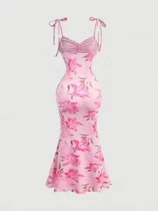 Women Pink Floral Slip Dress Elegant Slim Fit Spaghetti Strap Midi Dress Summer Beach Wear