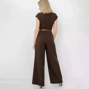 Elegant brown satin wide-leg sleeveless jumpsuit for women, professional back view studio shot.