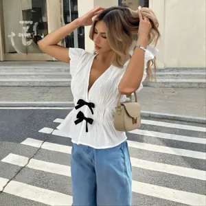 Damen weiße V-Ausschnitt Kurzarm Bluse Sommer Resort Stil elegante Schleife Hemd Top