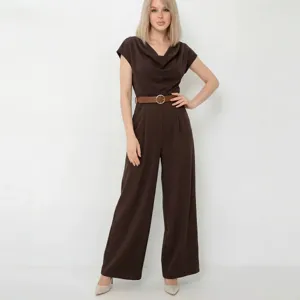 Elegant brown satin cowl neck jumpsuit for women, featuring a chic wide leg and stylish belt.