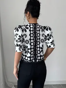 Back view detail of women short sleeve French pattern puff sleeve cardigan top stylish chic