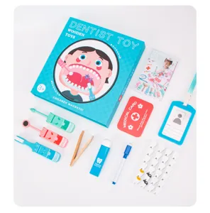 Kids wooden dentist toy set pretend play medical doctor kit with teeth model tools box