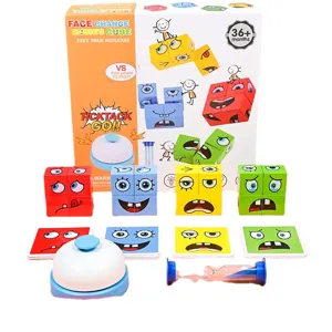 Juego de mesa interactivo de cubos de madera para cambiar caras y expresiones infantiles.