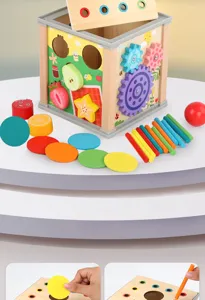 Wooden multi-function intelligence box toy for kids, shape sorting and fine motor skills.