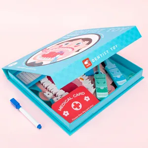Children wooden dentist toy set simulation medical play house game box with teeth tools for kids