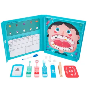 Kids wooden dental doctor role play toy set with teeth model and medical tools for kids.