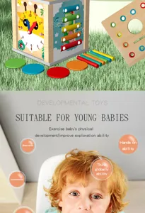 Wooden multifunctional activity cube toy with clock and xylophone for early childhood learning.