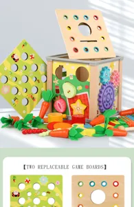 Wooden multi-functional educational toy box with shape matching, carrot pulling and gears.