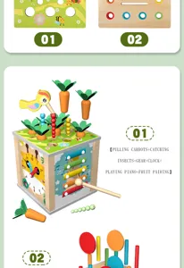 Wooden 9-in-1 activity cube toy with carrot pulling, shape matching and kids xylophone.