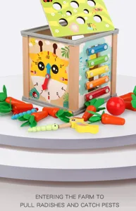 Wooden multi-functional activity cube toy with shape sorter, xylophone, and farm games.