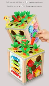 Wooden multi-functional activity cube toy details, shape sorting, carrot pulling for kids.