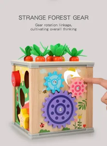 Wooden multi-functional activity cube educational toy, carrot pulling and gear puzzle for kids.