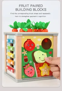 Wooden multi-functional activity cube toy detail showing shape matching and carrot sorting game.