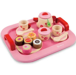 Wooden afternoon tea toy set details featuring cute pink teapot, cups and miniature cakes.