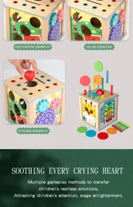 Wooden multi-functional activity cube shape matching educational toy for kids detail view