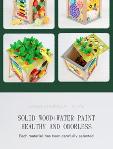 Wooden multi-functional activity cube toy featuring shape matching, xylophone and carrots.