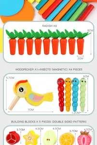 Wooden educational toy set featuring carrot pulling, magnetic woodpecker catching bugs, fruit blocks.