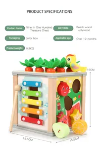 Wooden multi-functional activity cube toy with shape matching, xylophone and carrot game.