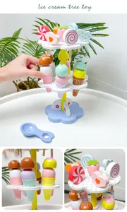 Wooden ice cream tree toy detail view, colorful wooden candy and cone set for kids play.