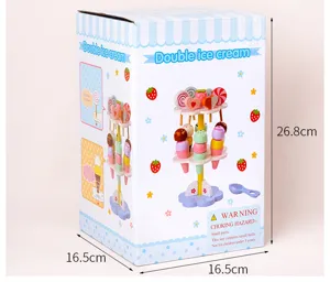 Detailed view of wooden ice cream toy box package showing size dimensions and colorful pieces.