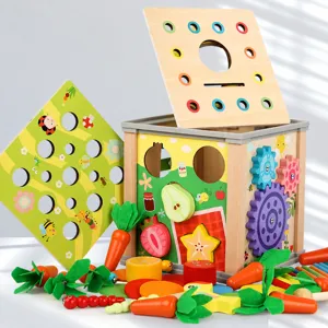 Wooden multifunctional 9-in-1 educational toy box for shape matching and smart kids learning.