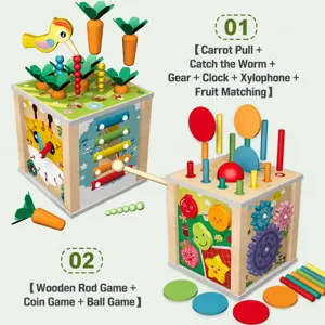 Wooden multi-functional 9-in-1 busy cube toy for toddlers, carrot pulling and shape matching.