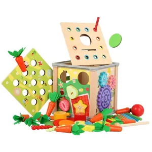 Wooden multifunctional 9-in-1 shape sorting toy box with carrots and gears for kids early education.