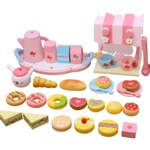 Wooden pretend play kitchen coffee machine toy set kids afternoon tea pastry gift