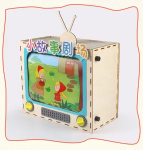Wooden DIY story box toy with retro TV shape and fairytale scene for kids kindergarten games.