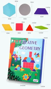 Wooden magnetic creative geometry puzzle set detail view showing various shapes and dimensions.